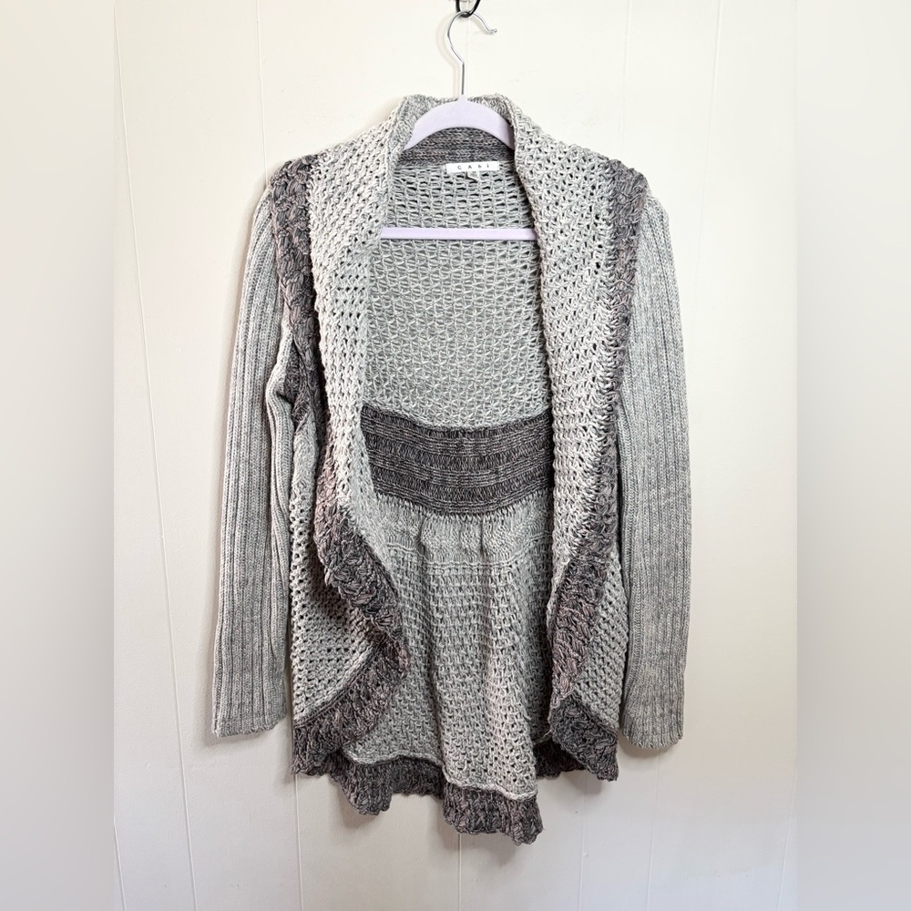CABI grey chunky knit open cardigan sweater size L circle